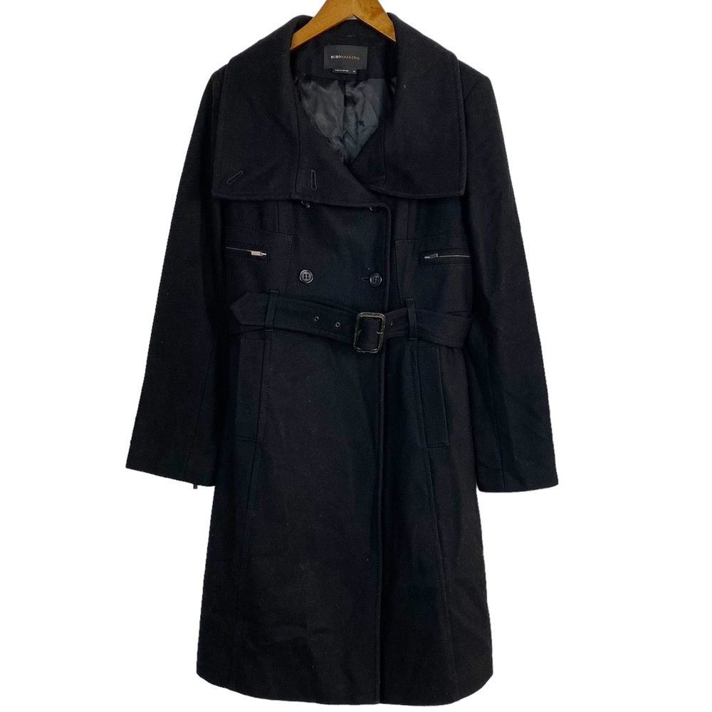 BCBGMaxazria Womens Black Belted Coat Jacket